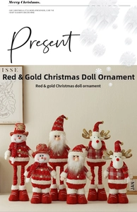 Close-up of red and gold retractable Christmas figurines with intricate sequin details