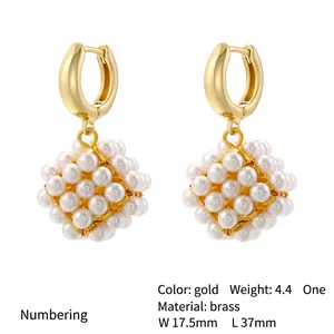 Elegant gold brass drop earrings with pearl cube cluster design for sophisticated women