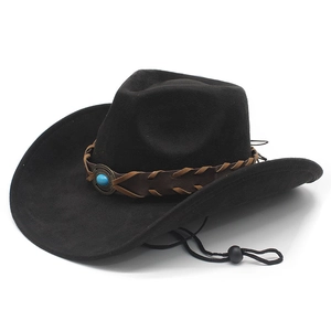 Black wool felt western cowboy hat with turquoise bead and adjustable chin strap