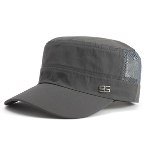 Dark gray flat top army cap with breathable mesh panels and silver 95 metal logo