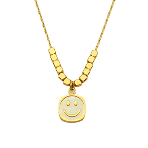 Golden stainless steel smile necklace with white shell pendant and square beads detail