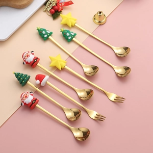 8pcs Christmas stainless steel spoon and fork set with silicone Santa and tree toppers
