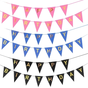 Gold foil Happy Birthday bunting banner set in pink, blue, and black colors