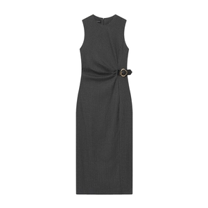 Sleeveless Midi Dress Grey Striped Round Neck Elastic Slim Fit Office Elegant Bodycon Dress For Women