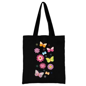 Schwarze Canvas-Tragetasche mit bunten Schmetterlings- und Blumenmustern im Harajuku-Stil