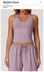 Close-up of lavender V-neck halter yoga vest and drawstring pants in soft brushed fabric