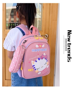 Detailed view of pink cartoon cat backpack with matching pencil case and yellow zippers