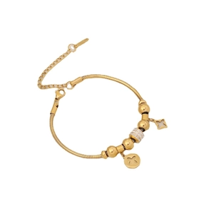 Golden snake chain bracelet with flower pendants and white rhinestone beads