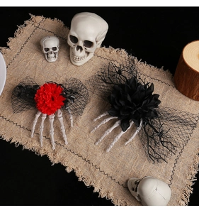 Gothic Halloween hair clips featuring red and black flowers with skeleton ghost hands and mesh