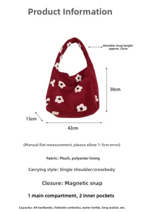 Tabella taglie dettagliata per borsa tote in peluche bordeaux con misure e dettagli
