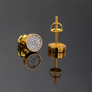 Hip hop style gold-plated round screw back stud earrings with micro pave cubic zirconia