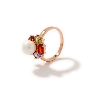 Elegant rose gold ring with a central white pearl and colorful zircon floral gemstones
