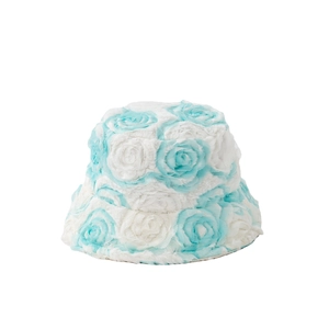 Blue and white plush faux fur bucket hat with 3D rose floral texture for women