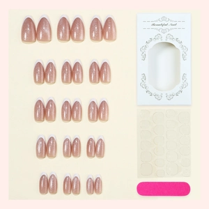 Pink glitter French cat-eye press-on nails set with box and mini file accessories