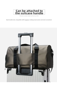 Travel gym bag detail showing wide luggage handle strap for easy attachment to suitcases