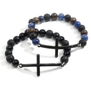 Black cross beaded bracelets featuring natural lava rock and blue tiger eye stones