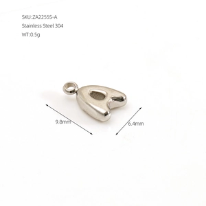 Macro detail of silver bubble letter A pendant in 304 stainless steel with dimensions
