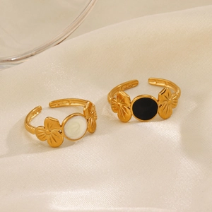 Golden stainless steel flower open rings with black and white enamel finish