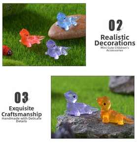 Macro detail of colorful translucent resin dinosaur figurines for garden decor