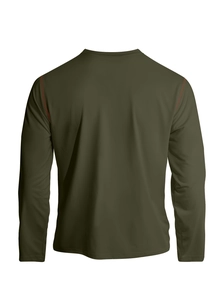 Rear view of army green long sleeve shirt with red contrast stitching details