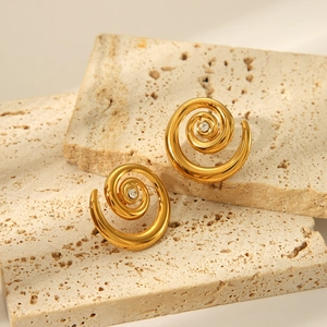 Conch Spiral Stud Earrings 304 Stainless Steel 18K Gold Plated Zircon Inlaid Waterproof Anti Allergic Jewelry For Women