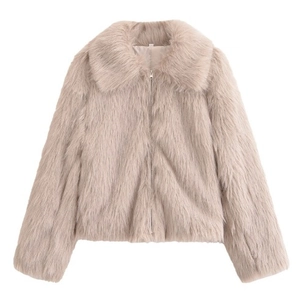 Minimalist light beige faux fur jacket with fluffy texture and front zipper closure
