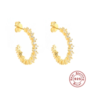 S925 sterling silver gold C-shaped hoop earrings with sparkling pave zircon stones