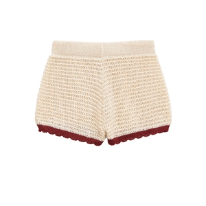 Women's knit short set with retro polo collar and burgundy contrast trim in cream white