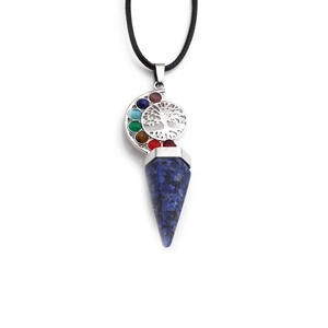 Tree of Life necklace with seven chakras stones and dark blue conical crystal pendant