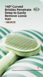 Detail of 140 degree curved pet massage needle brush with ergonomic handle design