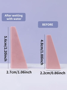 Size comparison showing the expansion of makeup sponge before and after wetting