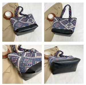 Detailed views of ethnic canvas tote bag with geometric patterns and black PU leather base
