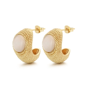 Golden woven texture vintage semi-circle earrings with cat eye stone centerpiece