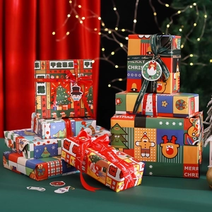 Cartoon Christmas wrapping paper set with ribbons and tags for festive gift boxes