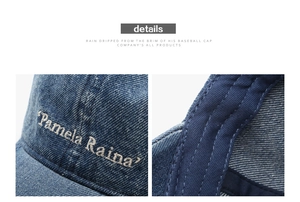 Close-up of Pamela Raina white embroidery and neat stitching on blue denim baseball cap