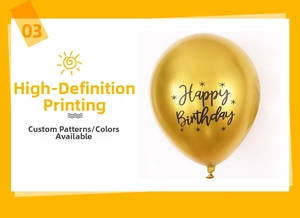 Detail of 12 inch golden metallic latex balloon with black Happy Birthday star print