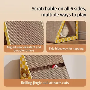 Triangular corrugated cardboard cat scratcher with cartoon bear print and built-in bell ball