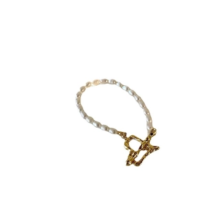 French baroque freshwater pearl bracelet with irregular golden lava style metal clasp