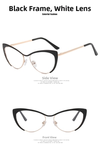 Cat eye glasses with black frames and rose gold metal rims showing side and front views
