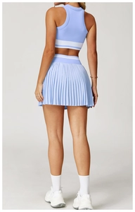Rear view of light blue seamless yoga vest and matching pleated skirt with white stripes