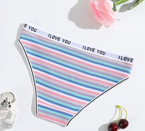 Detail of colorful striped cotton panties with ribbed texture and lettered waistband