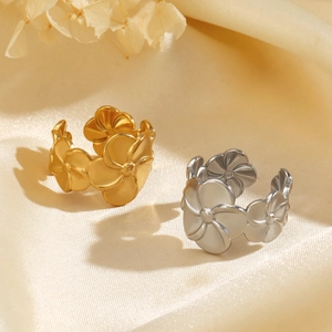 French vintage thick open ring with flower design in gold and silver stainless steel