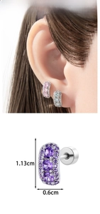 Macro detail showing colorful zircon stud earrings with precise 1.13cm size measurements