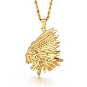 Men Indian Chief Skull Pendant 316L Stainless Steel Gold Plated Native American Hip Hop Punk Rock Style Jewelry