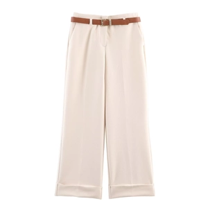 Women's cream beige wide leg trousers with brown belt, flat lay high-waisted design