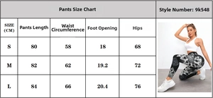 Size guide for high-waisted mandala print leggings with detailed measurements in centimeters
