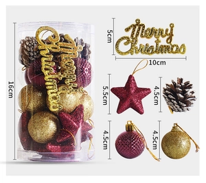 Detail view of 6cm Christmas ball set with red glitter star and pine cones in package