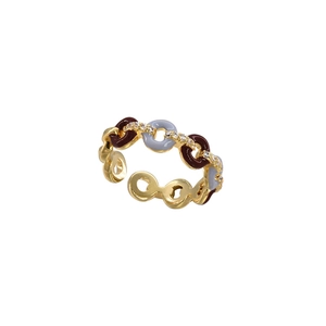 Adjustable golden open ring with colorful enamel and zircon micro-pave detailing