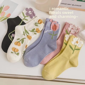 Detail view of cotton floral mid-calf socks with intricate tulip embroidery in varied colors