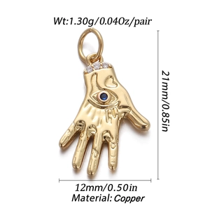 Detailed view of gold Hamsa hand pendant with blue eye and size parameters